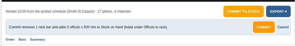 The COMMIT TO STOCK button and the line asking to confirm