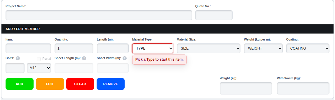 A red note under Material Type reading Pick a Type to start this item