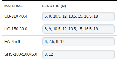 The Lengths to order from table, one row per material