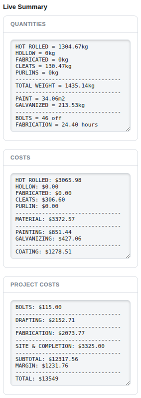 The Live Summary column with its Quantities, Costs and Project Costs boxes