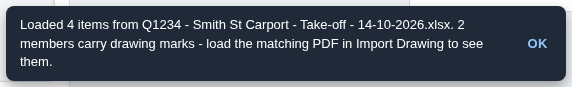 The load notice saying members carry drawing marks and to load the matching PDF in Import Drawing