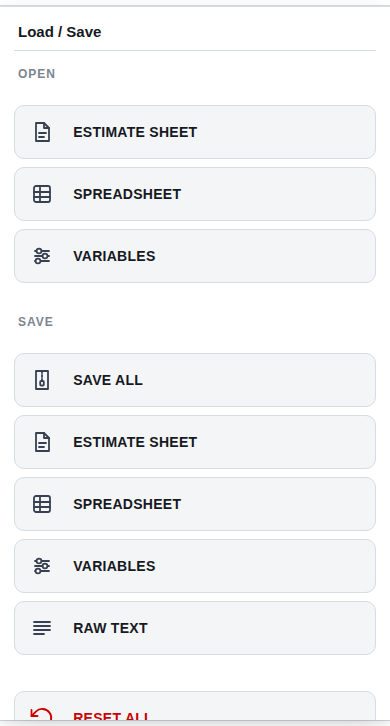 The phone's Load / Save page with its Open and Save buttons