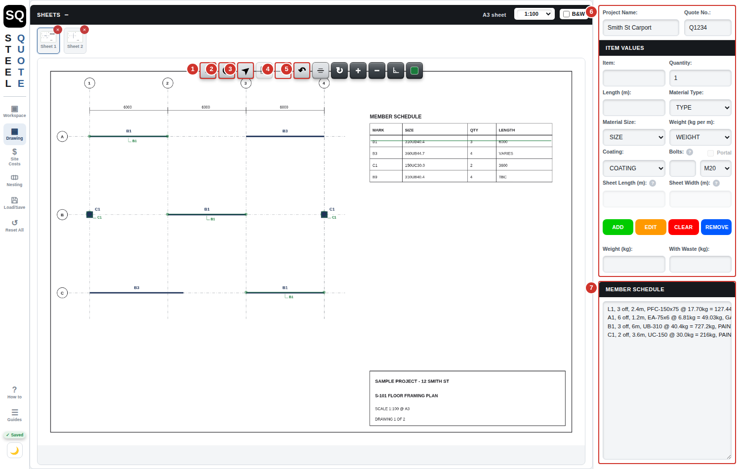 The workbench with a drawing open, showing the tools and boxes the keyboard shortcuts work on