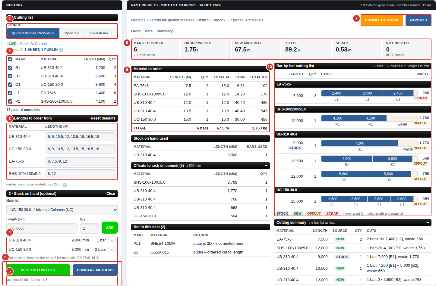 The Nesting page with a nest run: the inputs on the left, the results on the right