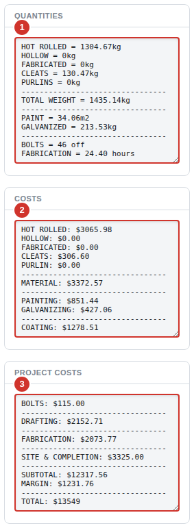 The Live Summary's three boxes - Quantities, Costs and Project Costs - for a small job
