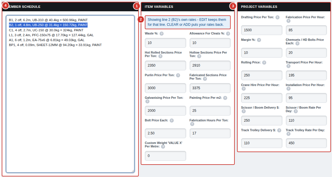 The workspace with a schedule line clicked: the Member Schedule, the Item Variables panel showing that line's own rates, and the Project Variables panel