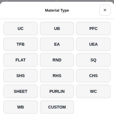 The Material Type pick list open on the phone