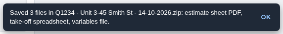 The notice after SAVE ALL naming the zip and the files inside it