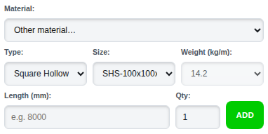 The Material list for adding stock