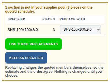 The supplier-pool panel listing a section the supplier does not stock, with its replacement