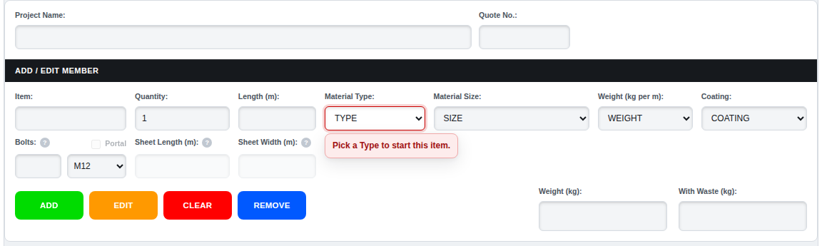 The entry form with a red note under Material Type: Pick a Type to start this item.
