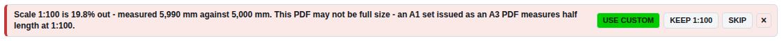 The scale check strip in orange: Scale 1:100 is 50.0% out, with USE CUSTOM, KEEP 1:100 and SKIP