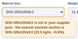 The Material Size field with an orange note naming the nearest stocked section